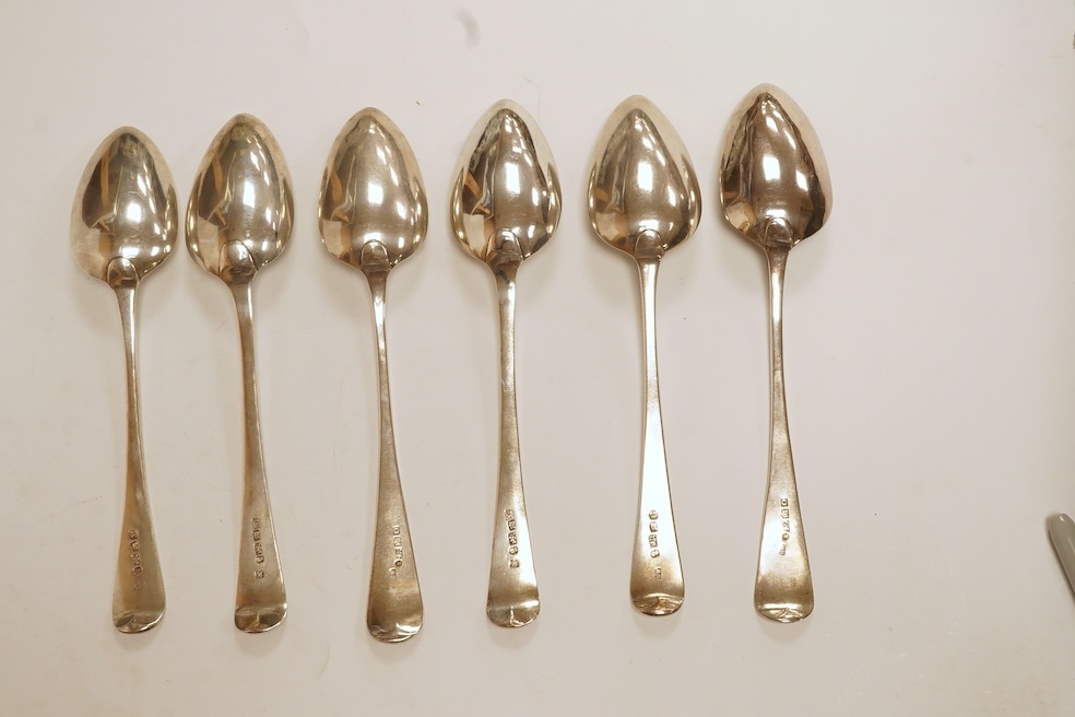 A set of six George III provincial silver table spoons by William Welch II, Exeter, 1807/8 & 1810, with engraved initials, 23cm, 12oz. Condition - fair to good